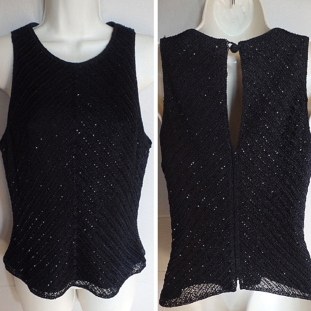 Carmen Marc Valvo Black Beaded Lace Top